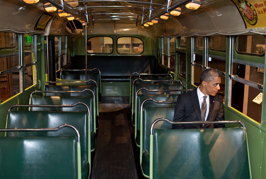 President Barack Obama took a moment from fundraising in Michigan on Wednesday to visit the Henry Ford Museum and sit in the Montgomery, Ala. city bus made famous by Rosa Parks.Obama said he took the time to sit in the bus to "ponder the courage and tenacity that is part of our very recent history." The image was shot yesterday, but was made available to msnbc.com today.